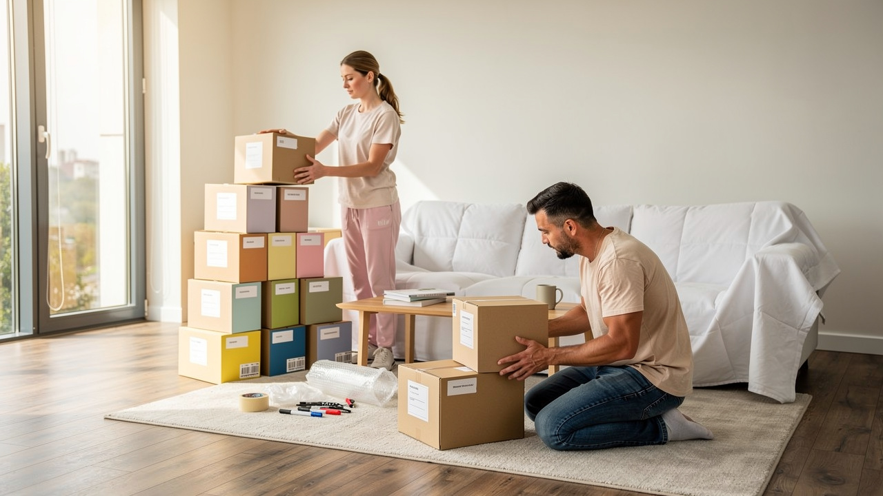 Un homme et une femme organisent un déménagement dans un salon lumineux, avec des meubles protégés et des cartons colorés regroupés par pièce.