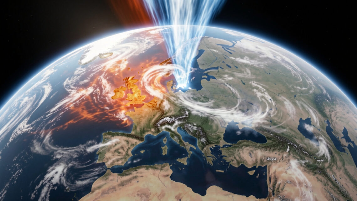 Illustration réaliste en coupe verticale d’un courant-jet circulant dans la haute atmosphère au-dessus de l’Europe, entouré de nuages et de dépressions, avec des masses d’air chaud en orange et rouge et des masses d’air froid en bleu et blanc.