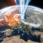 Comment le courant-jet influence-t-il la météo de vos voyages ? Illustration réaliste en coupe verticale d’un courant-jet circulant dans la haute atmosphère au-dessus de l’Europe, entouré de nuages et de dépressions, avec des masses d’air chaud en orange et rouge et des masses d’air froid en bleu et blanc.