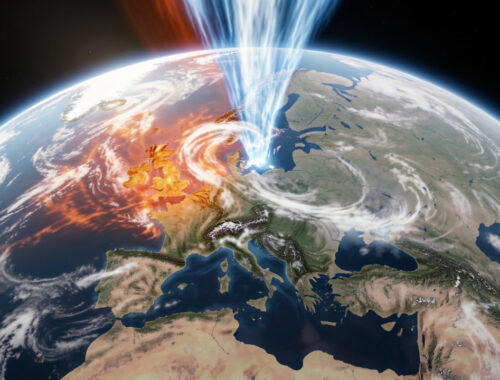 Illustration réaliste en coupe verticale d’un courant-jet circulant dans la haute atmosphère au-dessus de l’Europe, entouré de nuages et de dépressions, avec des masses d’air chaud en orange et rouge et des masses d’air froid en bleu et blanc.