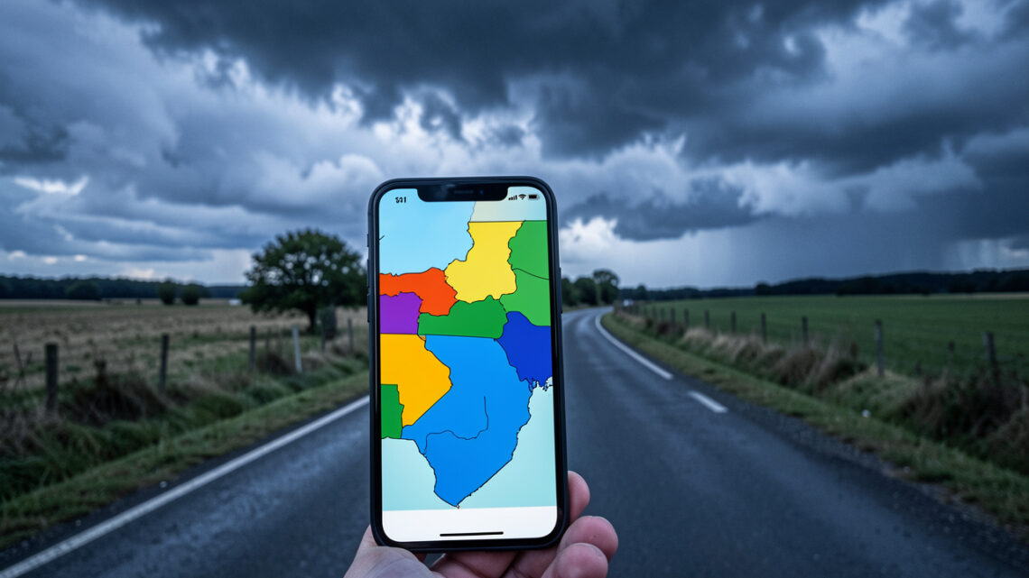 Route de voyage sinueuse sous un ciel chargé d’orage, avec un smartphone au premier plan montrant une carte météorologique abstraite aux couleurs d’alerte.
