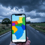 7 erreurs à éviter avec la vigilance météorologique de Météo-France en voyage Route de voyage sinueuse sous un ciel chargé d’orage, avec un smartphone au premier plan montrant une carte météorologique abstraite aux couleurs d’alerte.
