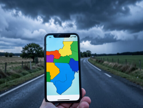 Route de voyage sinueuse sous un ciel chargé d’orage, avec un smartphone au premier plan montrant une carte météorologique abstraite aux couleurs d’alerte.