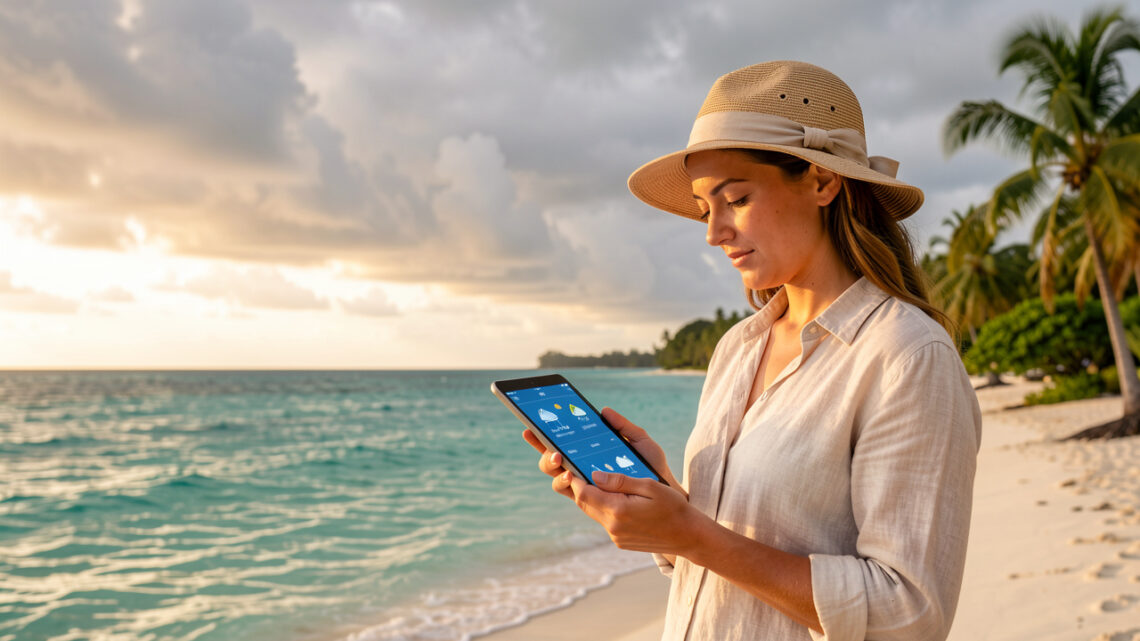 Une voyageuse consulte une tablette face à un littoral tropical, sous un ciel partagé entre soleil et nuages.