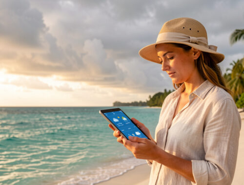 Une voyageuse consulte une tablette face à un littoral tropical, sous un ciel partagé entre soleil et nuages.