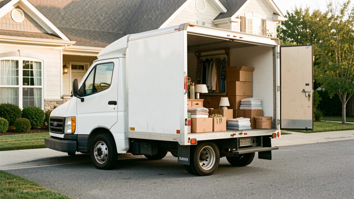 Camion de déménagement garé devant une maison, avec des cartons, des clés et des objets domestiques soigneusement organisés.