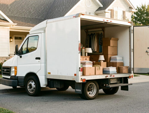 Camion de déménagement garé devant une maison, avec des cartons, des clés et des objets domestiques soigneusement organisés.