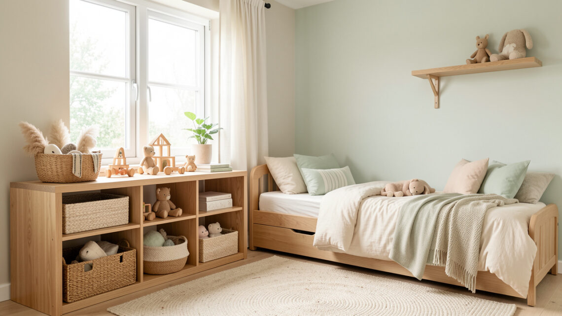 Chambre d’enfant lumineuse et évolutive avec rangements bas, coin lecture, jeux en bois et décoration douce aux tons pastel.