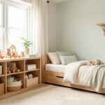 Chambre d’enfant lumineuse et évolutive avec rangements bas, coin lecture, jeux en bois et décoration douce aux tons pastel.