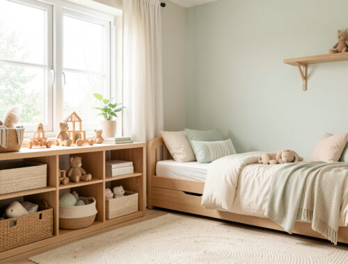 Chambre d’enfant lumineuse et évolutive avec rangements bas, coin lecture, jeux en bois et décoration douce aux tons pastel.