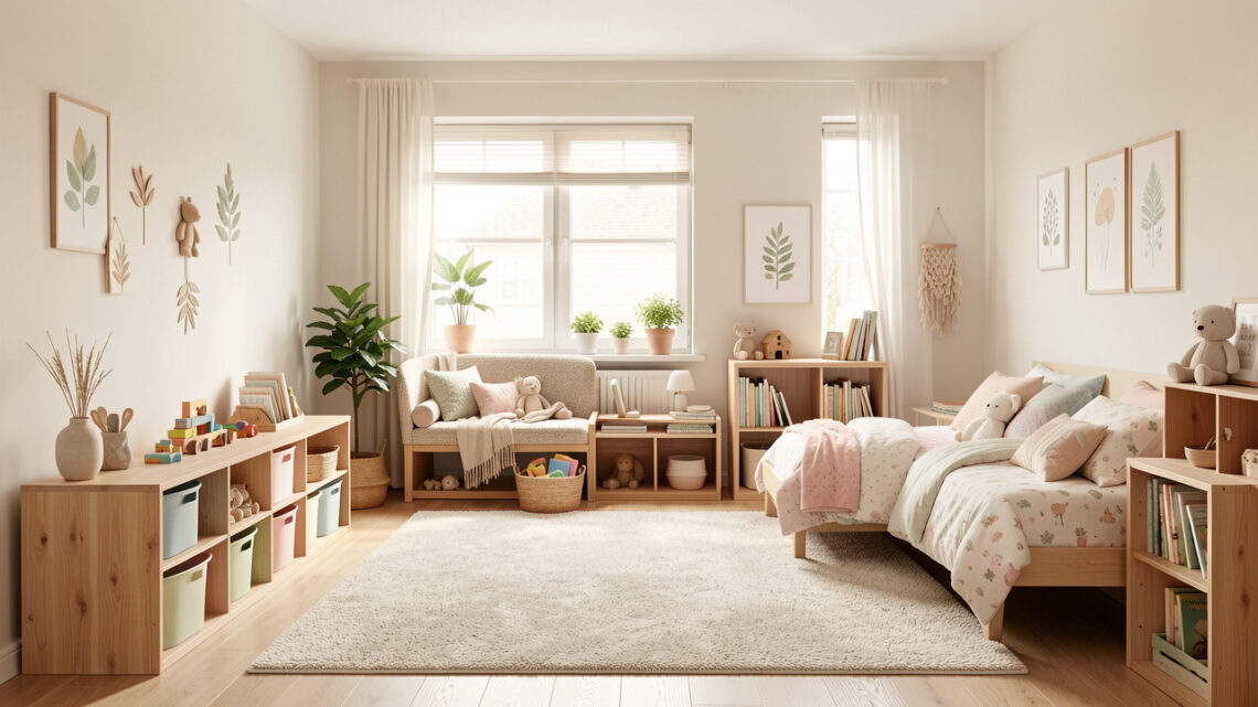 Chambre d’enfant lumineuse et organisée avec rangements bas, coin lecture, espace de jeux et décoration douce aux couleurs pastel.