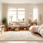 Organiser une chambre d’enfant évolutive : les 8 zones essentielles Chambre d’enfant lumineuse et organisée avec rangements bas, coin lecture, espace de jeux et décoration douce aux couleurs pastel.