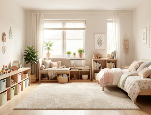 Chambre d’enfant lumineuse et organisée avec rangements bas, coin lecture, espace de jeux et décoration douce aux couleurs pastel.
