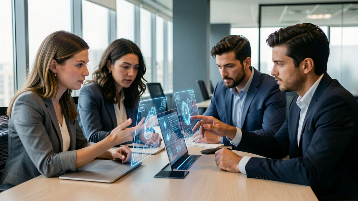 Équipe de bureau diverse collaborant autour d’un poste de travail avec des visualisations abstraites d’intelligence artificielle, dans une ambiance professionnelle éclairée par la lumière naturelle.