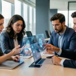 Équipe de bureau diverse collaborant autour d’un poste de travail avec des visualisations abstraites d’intelligence artificielle, dans une ambiance professionnelle éclairée par la lumière naturelle.