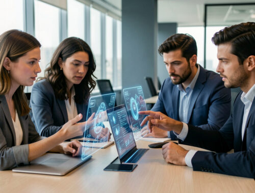 Équipe de bureau diverse collaborant autour d’un poste de travail avec des visualisations abstraites d’intelligence artificielle, dans une ambiance professionnelle éclairée par la lumière naturelle.