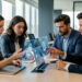 Équipe de bureau diverse collaborant autour d’un poste de travail avec des visualisations abstraites d’intelligence artificielle, dans une ambiance professionnelle éclairée par la lumière naturelle.