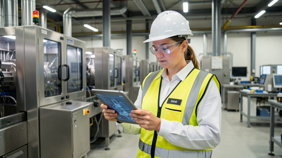 Une opératrice en tenue de sécurité consulte une tablette dans un atelier industriel moderne, entourée de machines de production.
