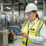 Quels outils d’IA choisir pour transformer l’industrie sans déshumaniser le travail ? Une opératrice en tenue de sécurité consulte une tablette dans un atelier industriel moderne, entourée de machines de production.