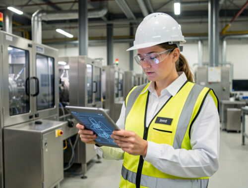 Une opératrice en tenue de sécurité consulte une tablette dans un atelier industriel moderne, entourée de machines de production.
