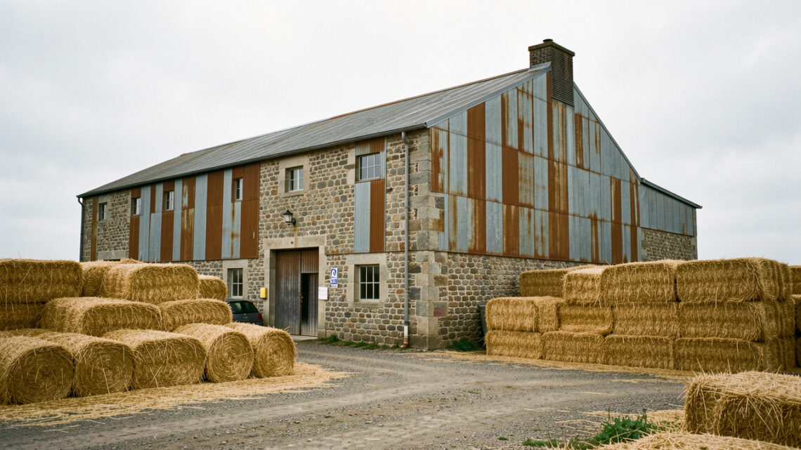 Ancien bâtiment industriel reconverti à Lampaul-Guimiliau, entouré de balles de paille de lin dans une ambiance documentaire bretonne.