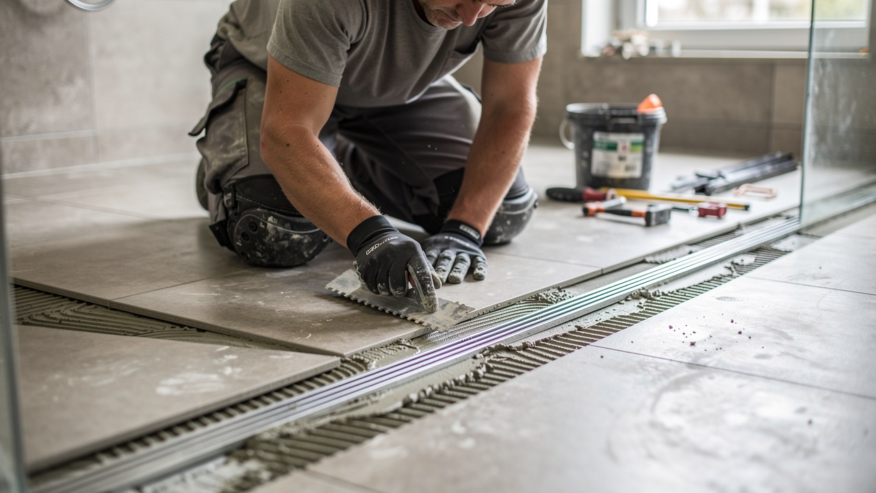 Artisan carreleur posant une membrane d’étanchéité et du carrelage dans une douche à l’italienne, avec un gros plan sur la bonde et la pente du sol.