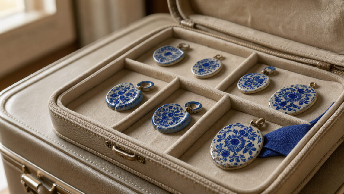 Bijoux artisanaux en faïence ancienne, comprenant des boucles d’oreilles et des pendentifs aux motifs bleus, disposés dans un écrin de voyage en tissu posé sur une valise cabine.