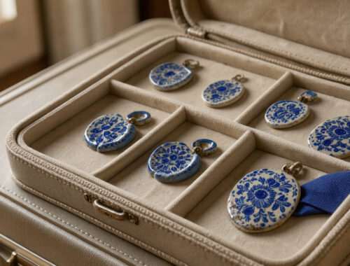 Bijoux artisanaux en faïence ancienne, comprenant des boucles d’oreilles et des pendentifs aux motifs bleus, disposés dans un écrin de voyage en tissu posé sur une valise cabine.