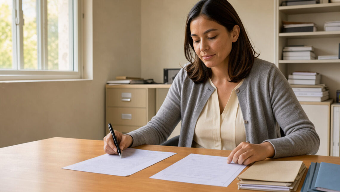 Une enseignante de maternelle consulte deux documents administratifs vierges sur un bureau lumineux dans une ambiance de bureau réaliste.
