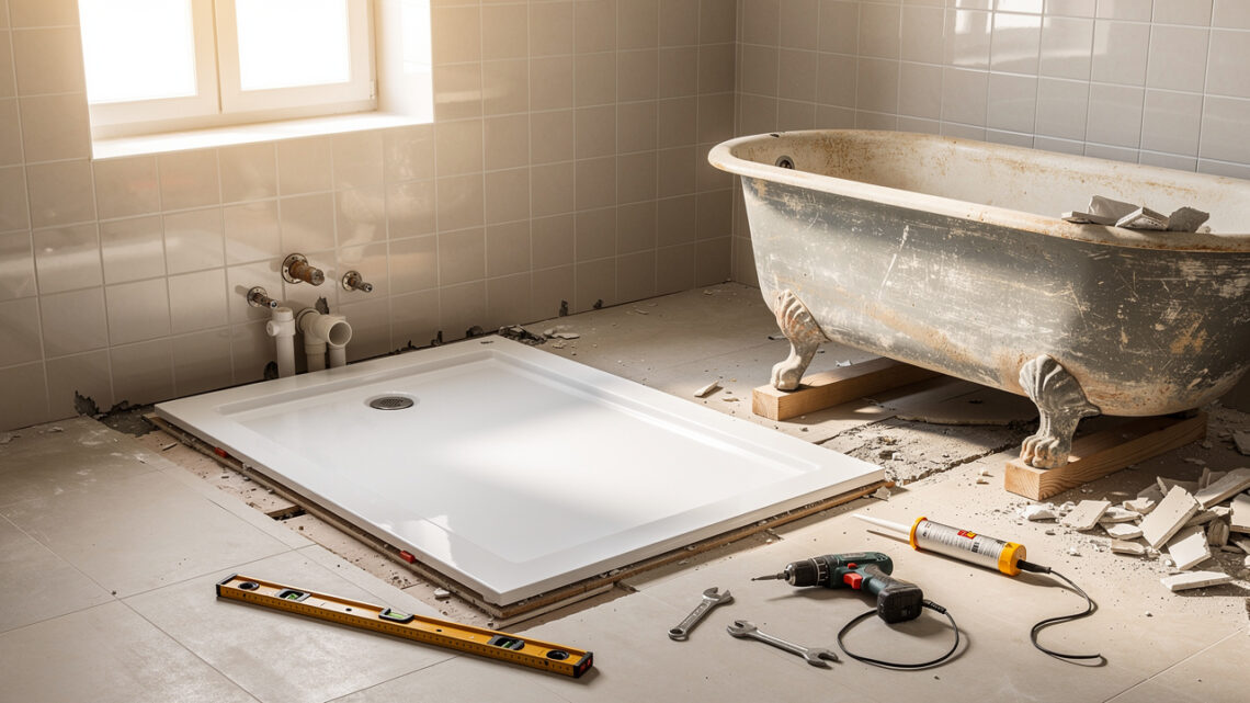 Salle de bains lumineuse en rénovation, avec ancienne baignoire déposée et receveur de douche extra-plat en cours d’installation.