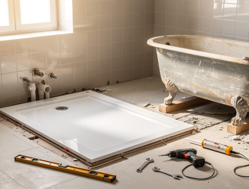 Salle de bains lumineuse en rénovation, avec ancienne baignoire déposée et receveur de douche extra-plat en cours d’installation.