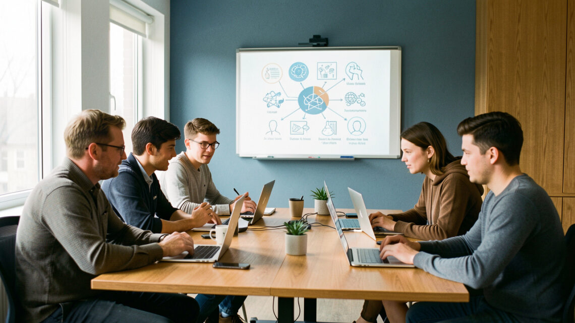 Salle de formation contemporaine où des adultes et de jeunes adultes travaillent en petits groupes avec des ordinateurs, tandis qu’un tableau présente un schéma visuel abstrait sur l’intelligence artificielle et les compétences humaines.