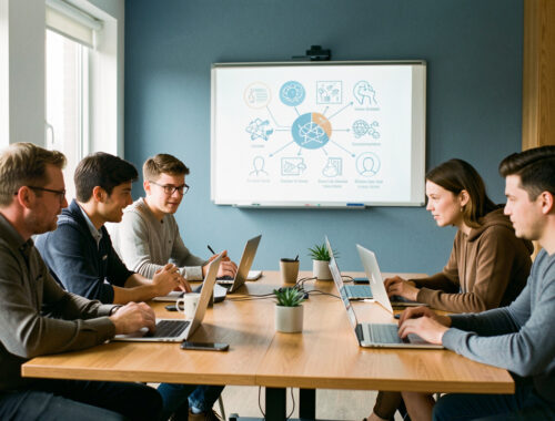 Salle de formation contemporaine où des adultes et de jeunes adultes travaillent en petits groupes avec des ordinateurs, tandis qu’un tableau présente un schéma visuel abstrait sur l’intelligence artificielle et les compétences humaines.