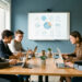 Salle de formation contemporaine où des adultes et de jeunes adultes travaillent en petits groupes avec des ordinateurs, tandis qu’un tableau présente un schéma visuel abstrait sur l’intelligence artificielle et les compétences humaines.
